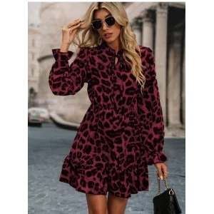 Kadın Uzun Kollu Yakadan Bağcıklı Modal Leopar Desenli Mini Elbise
