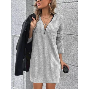 Kadın Uzun Kollu Yakadan Fermuarlı Kısa şardonlu Kaşkorse Elbise