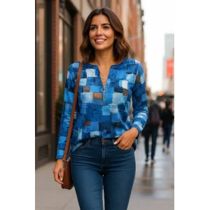 Kadın Uzun Kollu Yakadan Fermuarlı Kot Görünüm Desenli Uzun Modal Bluz