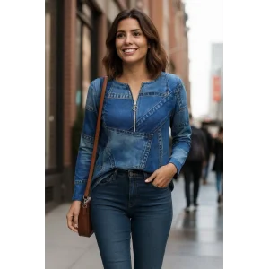 Kadın Uzun Kollu Yakadan Fermuarlı Kot Görünüm Desenli Uzun Modal Bluz