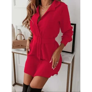 Kadın Uzun Kollu Yakalı Belden Kemerli Kıs Ithal Krep Elbise