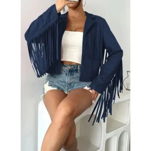 Kadın Uzun Kollu Yakalı Kısa Püsküllü Süet Ceket