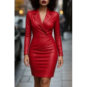 Kadın Uzun Kollu Yakalı Mini Deri Elbise
