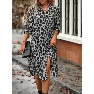 Kadın Uzun Kollu Yakalı önden Düğmeli Leopar Desenli Modal Midi Elbise