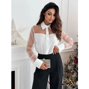 Kadın Uzun Kollu Yakalı önden Düğmeli Tül Detaylı Dokuma Viskon Bluz