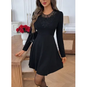 Kadın Uzun Kollu Yakası Dantelli Mini Ithal Krep Elbise