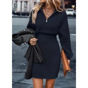 Kadın Uzun Kollu Yakası Fermuarlı Mini Triko Elbise
