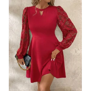 Kadın Uzun Kollu Yuvarlak Damla Detaylı Kolları Tül Detaylı Kısa Ithal Krep Elbise