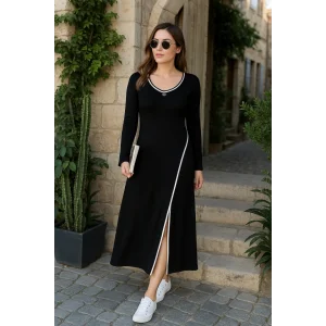 Kadın Uzun Kollu Yuvarlak Ribana Yaka Yırtmaçlı Uzun Viskon Iki Iplik Elbise