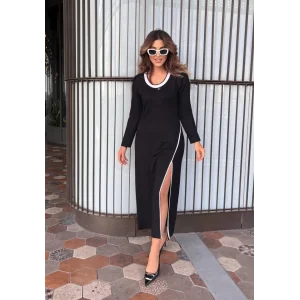 Kadın Uzun Kollu Yuvarlak Ribana Yaka Yırtmaçlı Uzun Viskon Iki Iplik Elbise