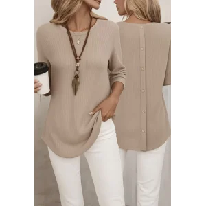Kadın Uzun Kollu Yuvarlak Yaka Arkadan Düğmeli Waffle Bluz