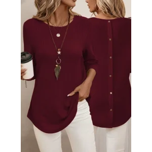 Kadın Uzun Kollu Yuvarlak Yaka Arkadan Düğmeli Waffle Bluz