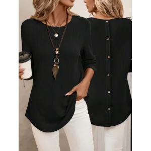 Kadın Uzun Kollu Yuvarlak Yaka Arkadan Düğmeli Waffle Bluz