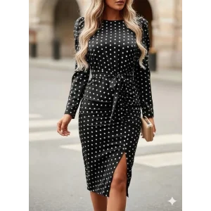 Kadın Uzun Kollu Yuvarlak Yaka Belden Kuşaklı önden Yırtmaçlı örme Krep Elbise