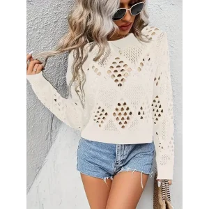 Kadın Uzun Kollu Yuvarlak Yaka Delik Desenli Triko Bluz