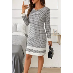 Kadın Uzun Kollu Yuvarlak Yaka Etek Ucu şerit Detaylı Mini Dokuma Elbise