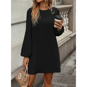 Kadın Uzun Kollu Yuvarlak Yaka Mini Ithal Krep Elbise