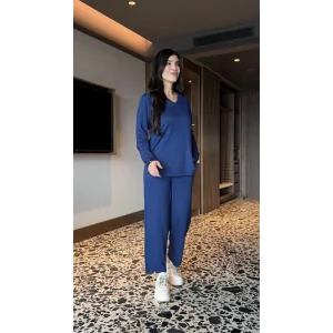 Kadın V Yaka Bluz Ve Pantolon Ikili Takım