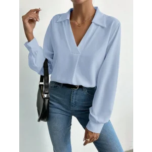 Kadın V Yaka Uzun Kollu Mosskrep Kumaş Bluz