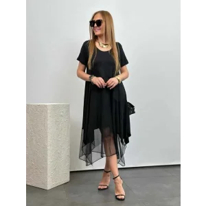 Kadın Viskon Kumaş Tül Detaylı Asimetrik Elbise