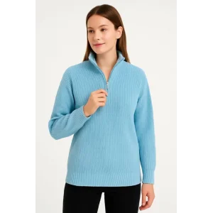 KADIN Yarım Fermuarlı Triko Kazak – Selanik Örgü, Dik Yaka, Pamuklu Dokuma, Oversize Uzun Kollu Kışlık Model - Bebe Mavisi