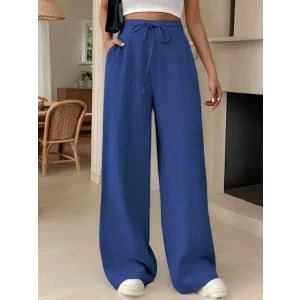 Kadın Yüksek Bel Bağcıklı Geniş Paçalı Uzun Bürümcük Pantolon