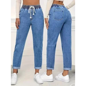 Kadın Yüksek Bel Bağcıklı Kot Pantolon