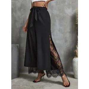 Kadın Yüksek Bel Belden Kuşaklı üst Dalgıç Alt Dantel Detaylı Dalgıç Pantolon