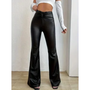 Kadın Yüksek Bel Beli Büzgülü Paçaya Doğru Geniş Deri Pantolon