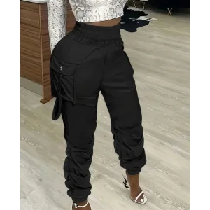 Kadın Yüksek Bel Beli Lastikli Kargo Cep Detaylı Gabardin Pantolon