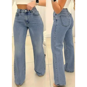 Kadın Yüksek Bel Cepli Paçaya Doğru Geniş Kot Pantolon