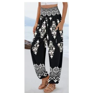 Kadın Yüksek Bel Desenli Lastikli Süprem Pantolon