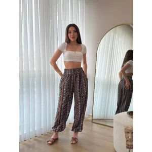Kadın Yüksek Bel Etnik Desenli Geniş Dökümlü Bürümcük Pantolon