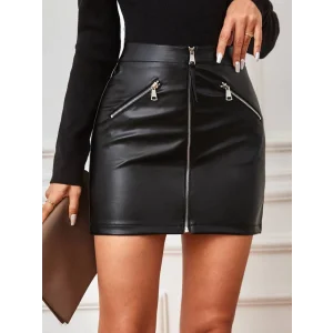 Kadın Yüksek Bel Fermuarlı Mini Deri Etek