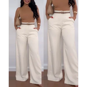 Kadın Yüksek Bel Geniş Paça Detaylı Cepli Ithal Krep Pantolon