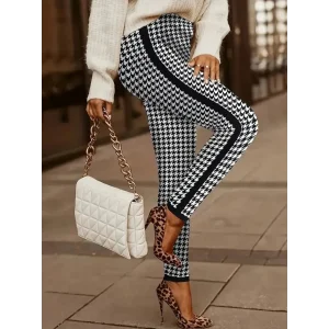 Kadın Yüksek Bel Kaz Ayağı Desenli Yanları şeritli Dalgıç Pantolon