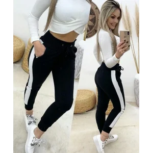 Kadın Yüksek Bel Kuş Gözü Detaylı Bağcıklı Yan şeritli Viskon Iki Iplik Eşofman Altı