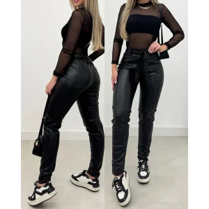 Kadın Yüksek Bel Kuşaklı Deri Pantolon