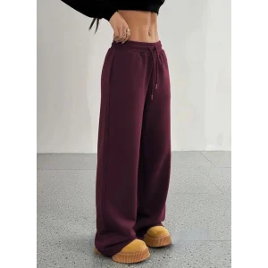 Kadın Yüksek Bel Lastikli Bağcıklı Geniş Kesim Dalgıç Mürdüm Pantolon