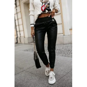 Kadın Yüksek Bel Lastikli Cepli Deri Pantolon