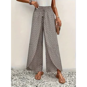 Kadın Yüksek Bel Lastikli önden Iki Parçalı Desenli Bürümcük Pantolon