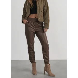 Kadın Yüksek Bel Lastikli önü Düğmeli Deri Pantolon