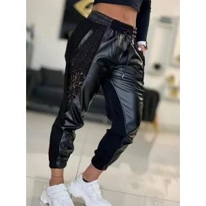 Kadın Yüksek Bel Lastikli Yanda Dantel Detaylı Bağcıklı Deri Pantolon