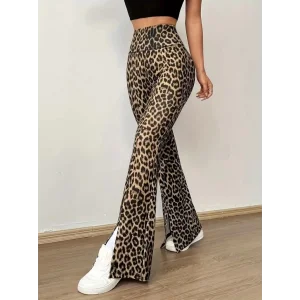 Kadın Yüksek Bel Leopar Desenli Yırtmaçlı Dalgıç Tayt