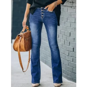 Kadın Yüksek Bel önden Düğmeli Cep Detay Ispanyol Paça Denim Pantolon
