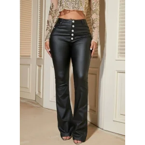 Kadın Yüksek Bel önden Düğmeli Deri Pantolon