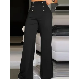 Kadın Yüksek Bel önden Düğmeli Uzun Paçaya Doğru Geniş Ithal Krep Pantolon