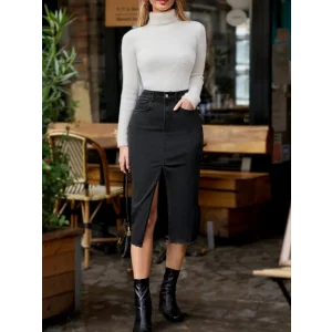 Kadın Yüksek Bel önden Yırtmaçlı Cepli Midi Kot Etek