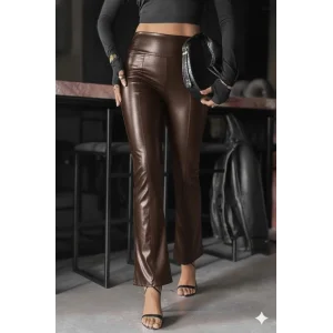 Kadın Yüksek Bel Paçaya Doğru Geniş Deri Pantolon