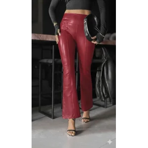 Kadın Yüksek Bel Paçaya Doğru Geniş Deri Pantolon